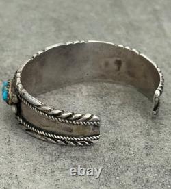 OLD Vintage Native American Navajo Turquoise Chiseled Sterling Bracelet 7 in