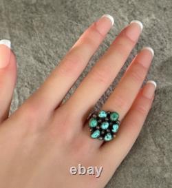 OLD Vintage Native American Navajo Turquoise Cluster Sterling Silver Ring Size 6