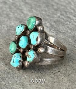 OLD Vintage Native American Navajo Turquoise Cluster Sterling Silver Ring Size 6