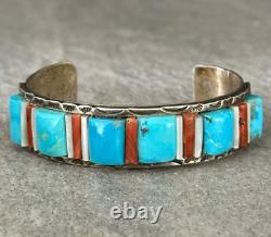 OLD Vintage Native American Navajo Turquoise, Coral, MOP Sterling Silver Bracelet