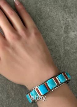 OLD Vintage Native American Navajo Turquoise, Coral, MOP Sterling Silver Bracelet