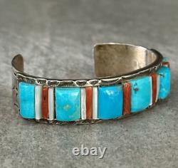 OLD Vintage Native American Navajo Turquoise, Coral, MOP Sterling Silver Bracelet