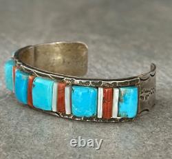 OLD Vintage Native American Navajo Turquoise, Coral, MOP Sterling Silver Bracelet