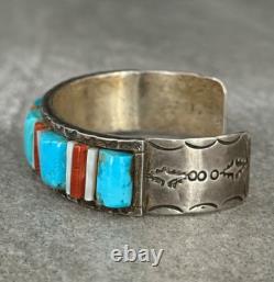 OLD Vintage Native American Navajo Turquoise, Coral, MOP Sterling Silver Bracelet