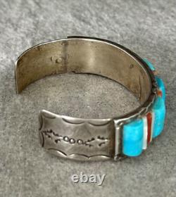 OLD Vintage Native American Navajo Turquoise, Coral, MOP Sterling Silver Bracelet