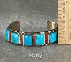 OLD Vintage Native American Navajo Turquoise, Coral, MOP Sterling Silver Bracelet
