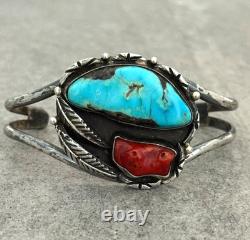 OLD Vintage Native American Navajo Turquoise Coral Sterling Bracelet 6.75 in