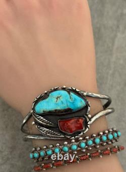 OLD Vintage Native American Navajo Turquoise Coral Sterling Bracelet 6.75 in