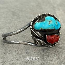 OLD Vintage Native American Navajo Turquoise Coral Sterling Bracelet 6.75 in