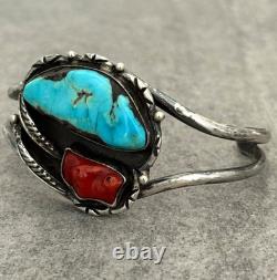 OLD Vintage Native American Navajo Turquoise Coral Sterling Bracelet 6.75 in