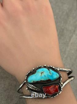 OLD Vintage Native American Navajo Turquoise Coral Sterling Bracelet 6.75 in