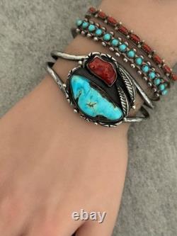 OLD Vintage Native American Navajo Turquoise Coral Sterling Bracelet 6.75 in