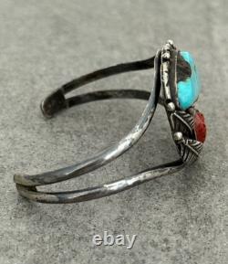 OLD Vintage Native American Navajo Turquoise Coral Sterling Bracelet 6.75 in