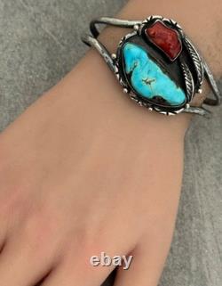 OLD Vintage Native American Navajo Turquoise Coral Sterling Bracelet 6.75 in