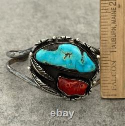 OLD Vintage Native American Navajo Turquoise Coral Sterling Bracelet 6.75 in