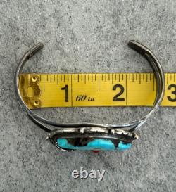 OLD Vintage Native American Navajo Turquoise Coral Sterling Bracelet 6.75 in