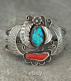OLD Vintage Native American Navajo Turquoise Coral Sterling silver Bracelet 40g