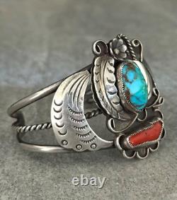OLD Vintage Native American Navajo Turquoise Coral Sterling silver Bracelet 40g