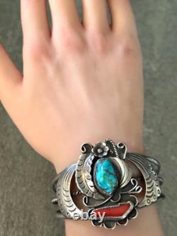 OLD Vintage Native American Navajo Turquoise Coral Sterling silver Bracelet 40g