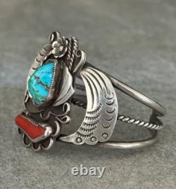 OLD Vintage Native American Navajo Turquoise Coral Sterling silver Bracelet 40g