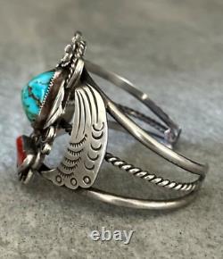 OLD Vintage Native American Navajo Turquoise Coral Sterling silver Bracelet 40g
