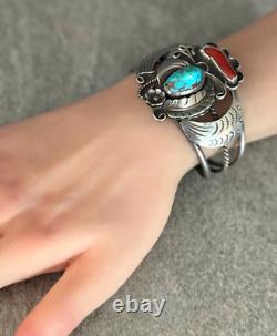 OLD Vintage Native American Navajo Turquoise Coral Sterling silver Bracelet 40g