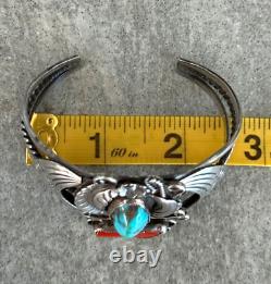 OLD Vintage Native American Navajo Turquoise Coral Sterling silver Bracelet 40g