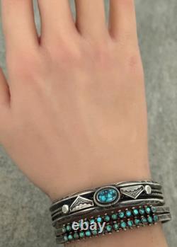 OLD Vintage Native American Navajo Turquoise HANDSTAMP CARINATED silver Bracelet