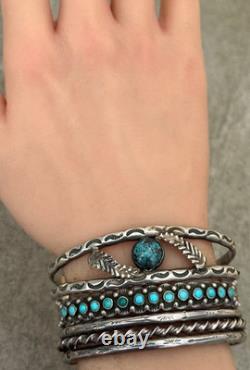 OLD Vintage Native American Navajo Turquoise HAND STAMPED Sterling Bracelet 7 in