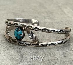 OLD Vintage Native American Navajo Turquoise HAND STAMPED Sterling Bracelet 7 in