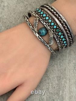 OLD Vintage Native American Navajo Turquoise HAND STAMPED Sterling Bracelet 7 in