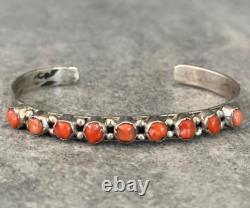 OLD Vintage Native American Navajo Zuni carved Coral Sterling Bracelet SIGNED