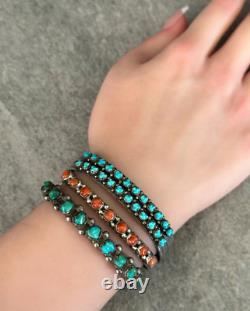 OLD Vintage Native American Navajo Zuni carved Coral Sterling Bracelet SIGNED