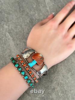 OLD Vintage Native American Navajo Zuni carved Coral Sterling Bracelet SIGNED