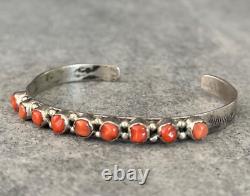 OLD Vintage Native American Navajo Zuni carved Coral Sterling Bracelet SIGNED