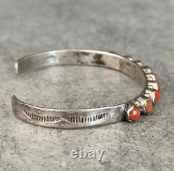 OLD Vintage Native American Navajo Zuni carved Coral Sterling Bracelet SIGNED