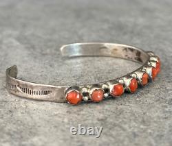 OLD Vintage Native American Navajo Zuni carved Coral Sterling Bracelet SIGNED