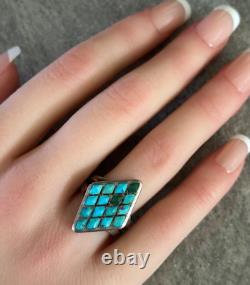 OLD Vintage Native American ZUNI Dishta Style Turquoise Inlay Sterling RING 6.5