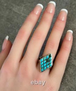 OLD Vintage Native American ZUNI Dishta Style Turquoise Inlay Sterling RING 6.5