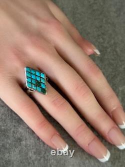 OLD Vintage Native American ZUNI Dishta Style Turquoise Inlay Sterling RING 6.5