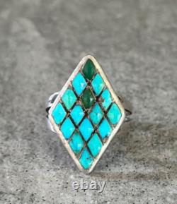 OLD Vintage Native American ZUNI Dishta Style Turquoise Inlay Sterling RING 6.5
