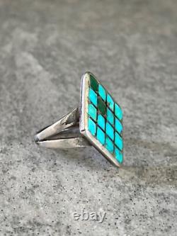 OLD Vintage Native American ZUNI Dishta Style Turquoise Inlay Sterling RING 6.5