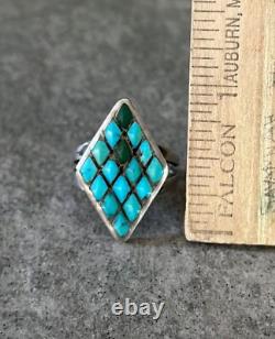 OLD Vintage Native American ZUNI Dishta Style Turquoise Inlay Sterling RING 6.5