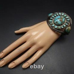 Old 1930s NAVAJO Hand-Stamped Sterling Silver TURQUOISE CLUSTER Cuff BRACELET