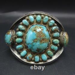 Old 1930s NAVAJO Hand-Stamped Sterling Silver TURQUOISE CLUSTER Cuff BRACELET