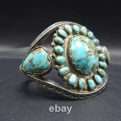 Old 1930s NAVAJO Hand-Stamped Sterling Silver TURQUOISE CLUSTER Cuff BRACELET