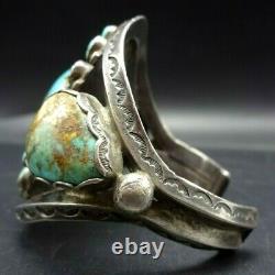 Old 1930s NAVAJO Hand-Stamped Sterling Silver TURQUOISE CLUSTER Cuff BRACELET