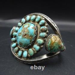 Old 1930s NAVAJO Hand-Stamped Sterling Silver TURQUOISE CLUSTER Cuff BRACELET