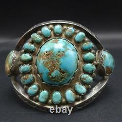 Old 1930s NAVAJO Hand-Stamped Sterling Silver TURQUOISE CLUSTER Cuff BRACELET