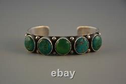 Old Early Navajo Heavy Ingot Silver Bracelet 5 Turquoise Stones 7 3/8 @